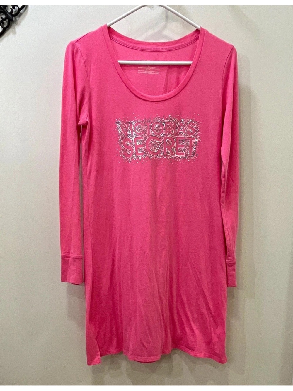 Victoria's Secret Hot Pink Long Sleeve Nightshirt with Rhinestone Logo